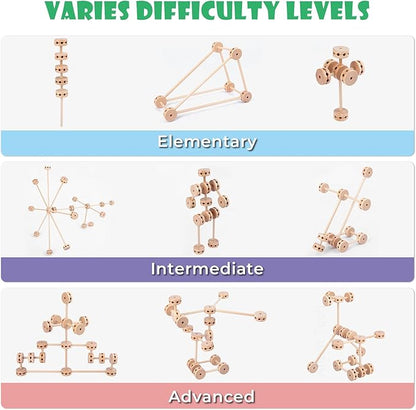 Wooden Building Blocks 60PCS Montessori STEM Toy for Kids 6+, Natural Wood Splicing Joints and Sticks Educational Sensory Tinker Creative 3D Playset Stacking Game