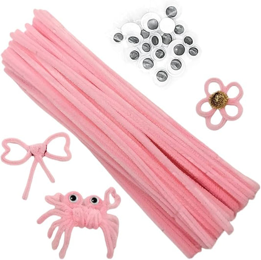 Cldamecy 100 pcs Light Pink Pipe Cleaners with 20 pcs Googly Eyes,Chenille Stems for Craft Project,Craft Pipe Cleaners for DIY Projects,Arts and Holiday Decoration