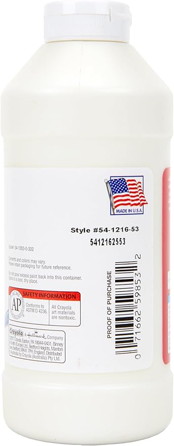 Crayola Premier Tempera Paint For Kids - White (16oz), Kids Classroom Supplies, Great For Arts & Crafts, Non Toxic, Easy Squeeze Bottle