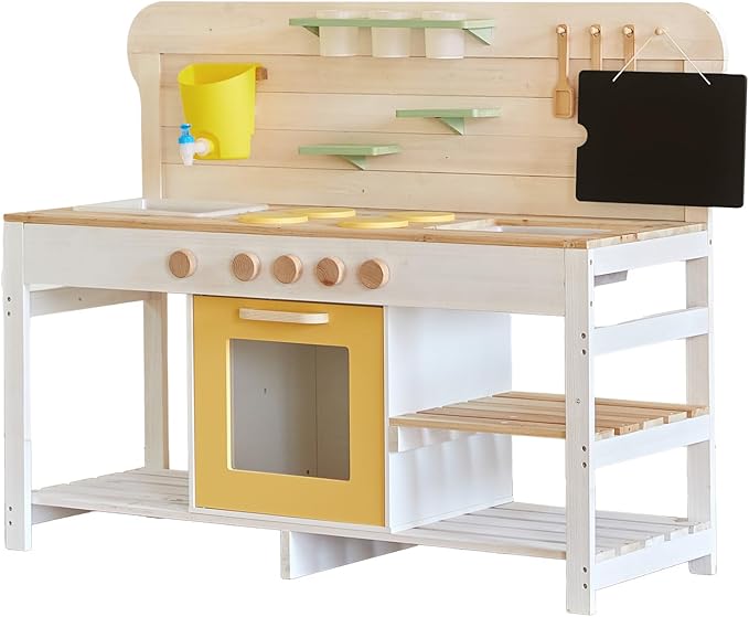 Giant bean Mud Kitchen for Kids Outdoor, Deluxe Wooden Toy Play Kitchen Set, with Sand and Water Sink, Blackboard and Kitchen Accessories for Boys and Girls Ages 3-8 Indoor & Outdoor Activities