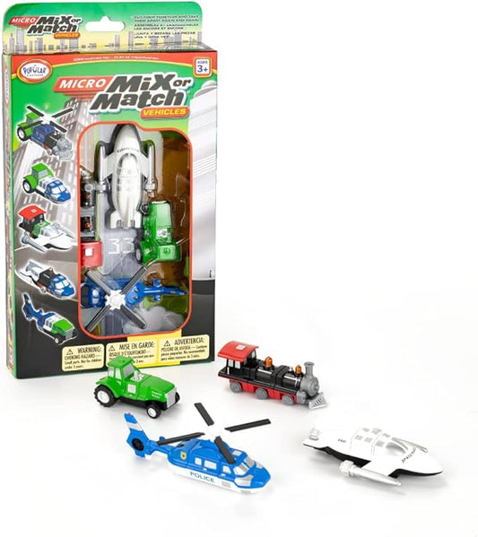 Popular Playthings Micro Mix or Match Vehicles Deluxe Set of 4 Toy Train, Toy Spaceship, Toy Tractor, & Toy Helicopter Multicolor
