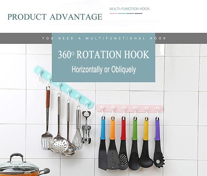 Coat Rack Wall Mount for Kids Room, 6 Rotating Adhesive Wall Hooks for Hanging Clothes Cooking Tools Towels in Kitchen,Bathroom,Office, Pink Decorative Hangers for Girls Bedroom (Pink 1 Pack)