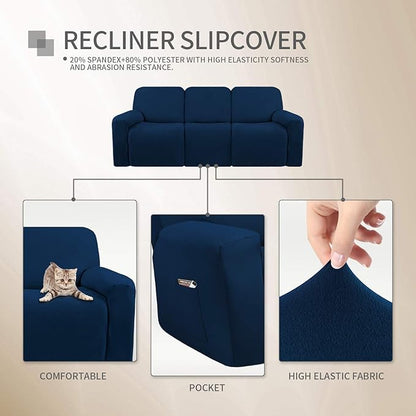 Easy-Going 8 Pieces Microfiber Stretch Sectional Recliner Sofa Slipcover Soft Fitted Fleece 3 Seats Couch Cover Washable Furniture Protector with Elasticity for Kids Pet(Recliner Sofa, Navy)