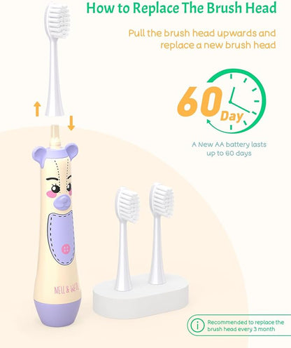 NELL&WELL Kids Electric Toothbrush, 2-Min Timer, 3 Modes with Memory, IPX 7 Waterproof, Battery Powered Kids Toothbrush with 3 Soft Bristles Heads for Children Boys and Girls Ages 3+…