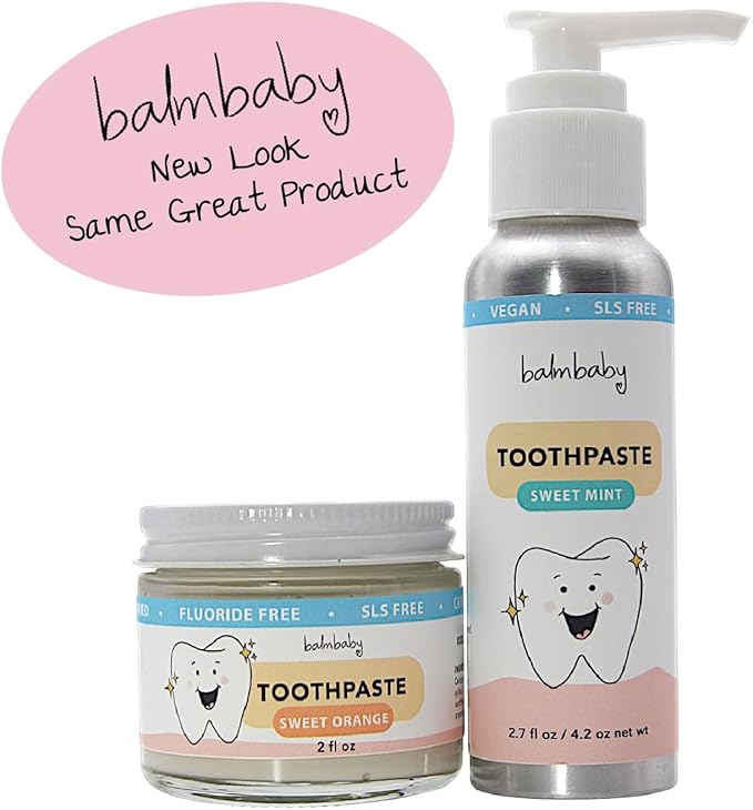Kids All Natural Fluoride Free Toothpaste by Balm Baby Brand – SLS Free Toothpaste with Xylitol, Vegan, Gluten Free, BPA Free, Glass Jar Zero Waste Children’s Teeth Paste (2PK Orange)
