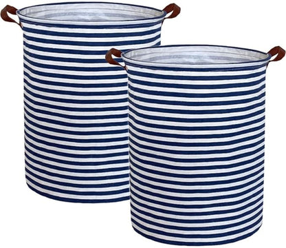 ESSME 2pack Kids Laundry Hamper,Boys laundry basket,Collapsible Bule storage basket with Waterproof PE Coating,Canvas Fabric Nursery Hamper for Kids Room Decor,Toy storage,Gift,Baby Clothing.(2pack Navy Blue stripes)