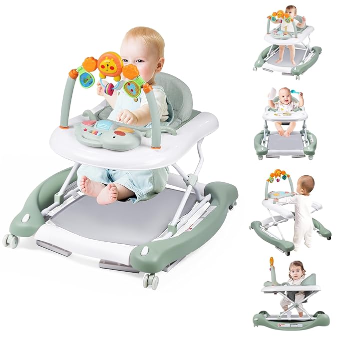 Boyro Baby Baby Walker, 5-in-1 Baby Walkers for Boys and Girls 6-12 Months with Bouncer, Removable Footrest, Feeding Tray & Music, Foldable & Adjustable Activity Walker for 6-18 Months Toddler Infant