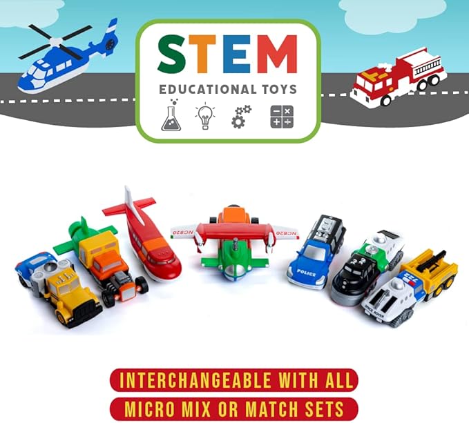 Popular Playthings Micro Mix or Match Vehicles Deluxe Set of 4 Toy Train, Toy Spaceship, Toy Tractor, & Toy Helicopter Multicolor