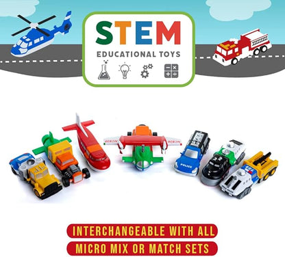 Popular Playthings Micro Mix or Match Vehicles Deluxe Set of 4 Toy Train, Toy Spaceship, Toy Tractor, & Toy Helicopter Multicolor