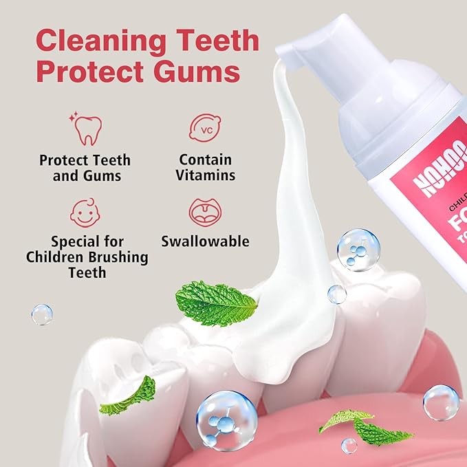 NOHOO Kids Foam Toothpaste with Fruit Flavor,Fluoride Free Natural Formul, Foam Toothpaste for Electric Toothbrush,Suitable for Toddler's Oral Cleaning and Cavity Prevention (2PCS Strawberry)