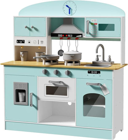 Babytronic Wooden Play Kitchen Set, Pretend Play Kitchen with Lights and Sounds for Kids Ages 3+, Includes Stove, Oven, Microwave, Coffee Maker, and Accessories, Toy Kitchen Set for Toddlers (Blue)