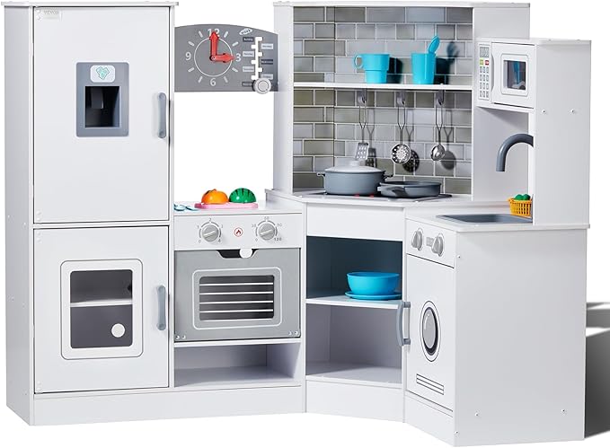 VEVOR Corner Wooden Play Kitchen, Toy Set with Lights and Sounds, Toddler Kitchen with Ice Maker, Oven, Sink, Clock, Microwaves, Refrigerator and Accessories, for Toddlers, Preschoolers, White