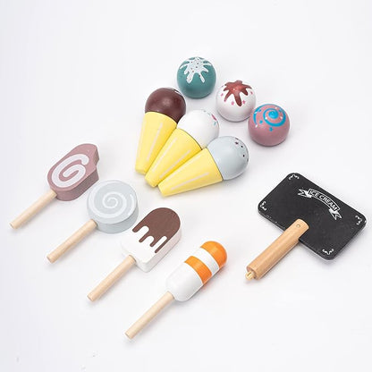 Ice Cream Shop Pretend Toy, Wooden Ice Cream Cones and Popsicle Counter Play Set for Kids Play Kitchen, Ice Cream Cart Toys for Toddlers, Fun Creative Ice Cream Pretend Play