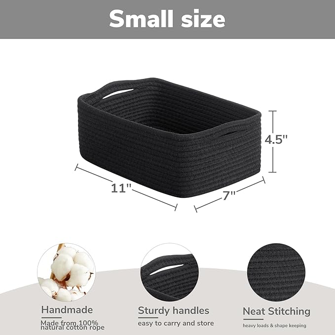 Goodpick Basket for Shelves, Black Baskets for Organizing Gift Basket, Woven Rope Storage for Shelves Closet Organizer Bins for Towels 3 Pack, Black, 11 x 7 x 4.5 in