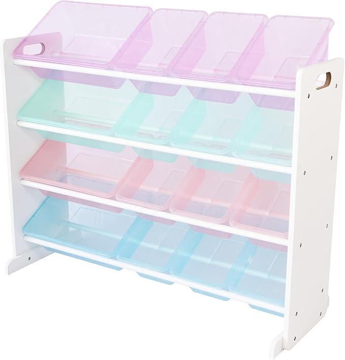 Humble Crew Toy Storage Organizer with 16 Removable Storage Bins for Kids Playroom, 4-Tier Toddler Toy Organization and Storage, White/Purple/Pink/Blue