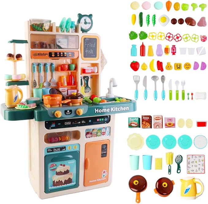 deAO My Happy Little Chef Kitchen 80 Pieces Pretend Play Set with Multi-Functional Button Panel, Light, Sound, Real Steam Functions and Colour Changing Accessories Included(Blue)
