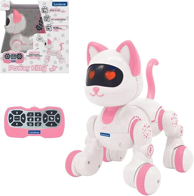 LEXiBOOK, Power Kitty Jr., Remote Control cat to Train, Waddles Like a Real cat, Interactive Eyes, STEM programmable, Rechargeable Battery, Pink/White, KIT01