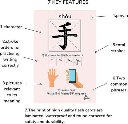 Chinese Flash Cards - 100 Chinese Words | 50 Durable, Coated Mandarin Flashcards: Pinyin, Writing Stroke Order, Card Holder | Montessori Learning Chinese