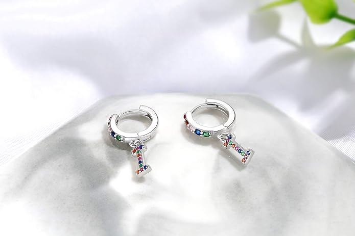 Presentski Initial Earrings 925 Sterling Silver Colorful Huggie Small Hoop Earrings Rainbow CZ Drop Dangle Simple Alphabet Earrings S925 Hypoallergenic Earring Letter A-Z for Daughter Women