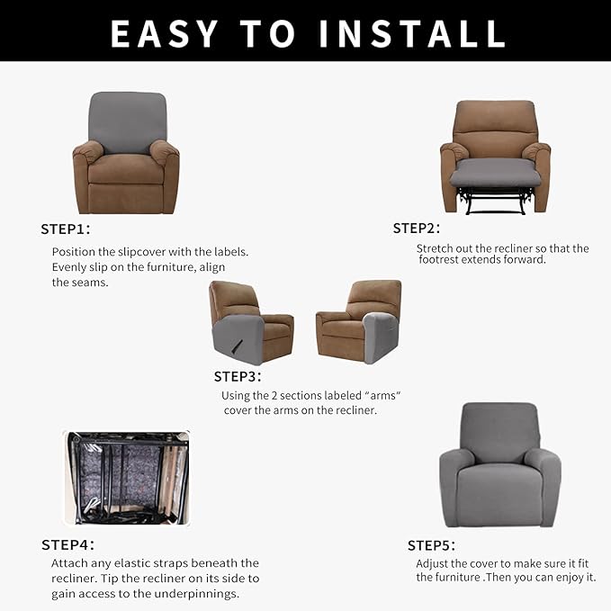 Easy-Going 100% Dual Waterproof Recliner Cover Stretch Soft Couch Cover for Dogs, Sofa Slipcover for Recliner Couch Leakproof Furniture Protector for Kids, Light Gray