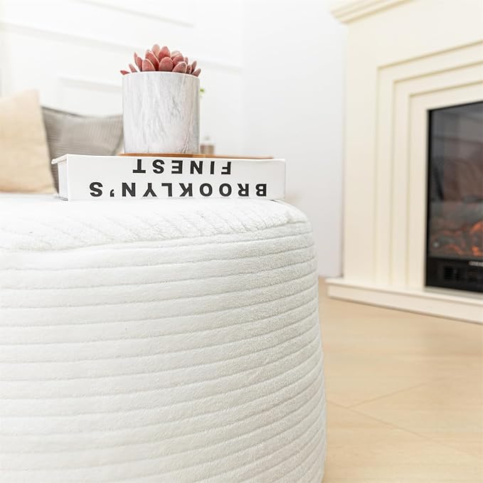 Pouf Ottoman Stuffed 20x20x12 Inches Floor Pouf Plush Fiber Ottoman Foot Rest Under Desk Foot Stool for Living Room Bedroom (White Stripe Pouf with Filler)