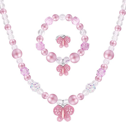 Butterfly Jewelry Set, Kids Butterfly Jewelry for Girls Included Necklace Bracelet Ring, Stretchy Toddler Play Jewelry Cute Toddlers Butterfly Pendant,Pretend Dress up Jewelry