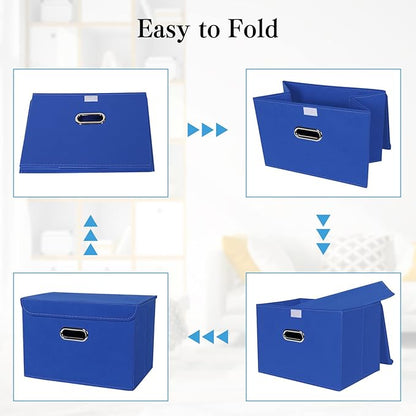 STOREONE Fabric Storage Cube Bins Foldable Organizer Container Collapsible Basket with Lids and Metal Handles, for Home, Bedroom, Closet 6 Pcs (Dark Blue)