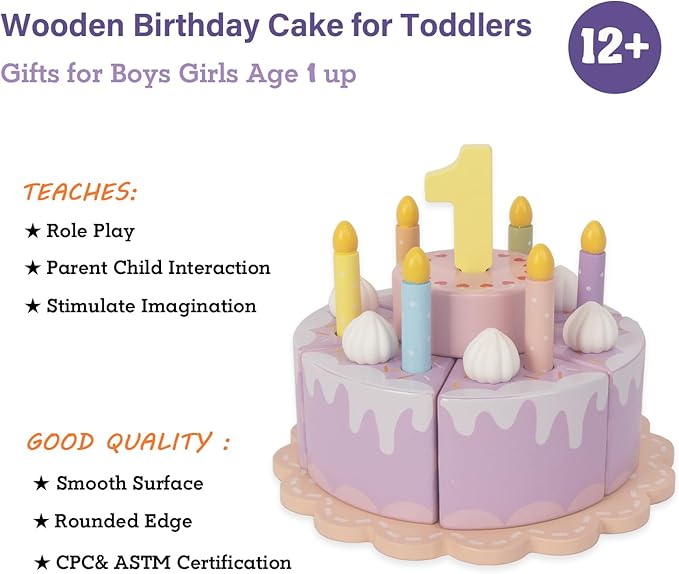 Pretend Play Food for Toddlers 1-3,Wooden Birthday Fake Cake with Candles and Numbers,Tea Party Learning Kitchen Gift Toys for Boys Girls (Cream Cake)
