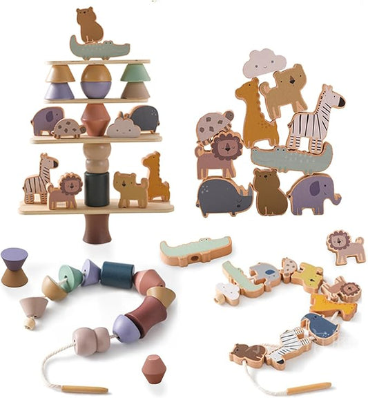 Wooden Animals Threading Toys Lacing Beads for Toddlers 2 3 4 5 Years Old, Stacking Blocks Balance Toy, Educational Preschool Learning Toy, Montessori Activities for Boys & Girls