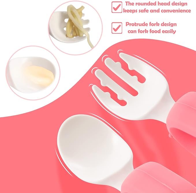 Baby Self Feeding Training Spoon and Fork Set with Travel Case, BPA-Free Cute Circle Toddler Training Utensils, Silicone/ABS Great Tableware Set Spoons Fork for Kids(Pink)