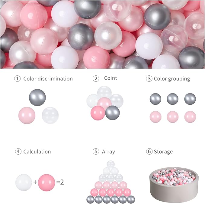 Babies Ball Pit Balls 100pcs, Ball Pool Balls for Swim Toys, Baby Ball Pit,Toddlers Girl Kids Birthday, Tent,Slides, Tunnels(2.2"),Pearl Balls +Macaron Balls Pink+White Gray