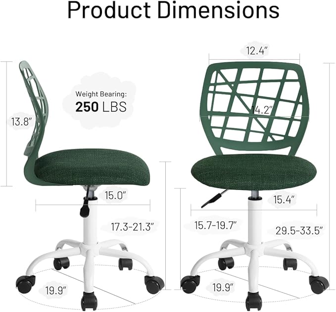 Kids Desk Chair, Fabric Office Chair Armless Small Mid Back Swivel Children Computer Task Chair Ergonomic Height Adjustable Study Chairs with Swivel Padded Cushion and Rolling Wheels, Dark Green