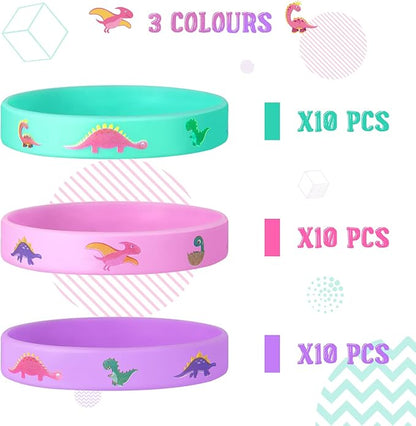 Chivao 30 Pack Dinosaur Party Favors Pink Dinosaurs Silicone Wristbands Rubber Bracelets for Girl Birthday Party Supplies Gifts Bag Stuffer 3 Colors