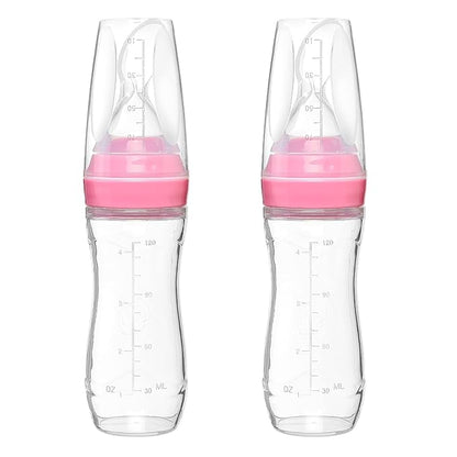 4 oz Silicone Baby Food Dispensing Spoon - 2 Pack - Great for 4+ Month Infants - Includes Stopper - Easy to Use and Mess-Free - Precise Food-Release Feeder - Great for Travel (Pink)