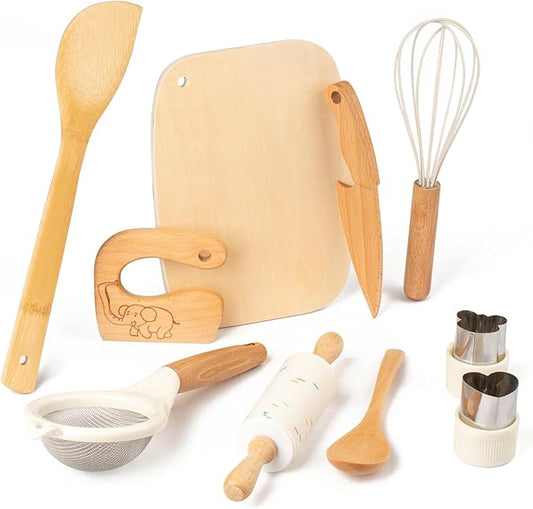 Wooden Kids Safe Knife and Kids Baking Set for Real Cooking, 10 Pcs Montessori Kitchen Tools,Toddler Knife Set Ideal for Cooking and Baking