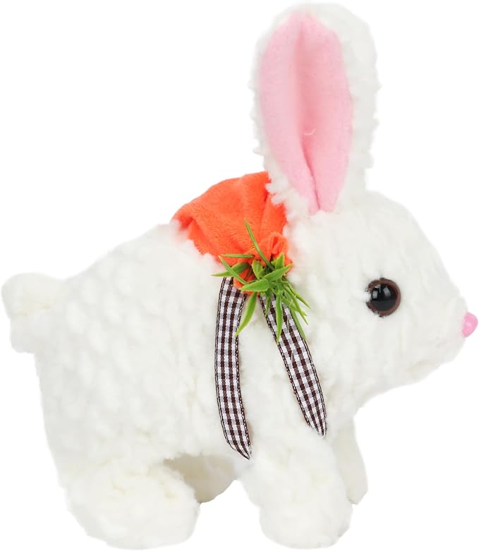 Hopearl Hopping Rabbit with LED Ears Carrot Backpack Interactive Plush Bunny Toy with Sounds Animated Walking Wiggle Light up Ears Twitch Nose Gift for Toddlers, White, 7''