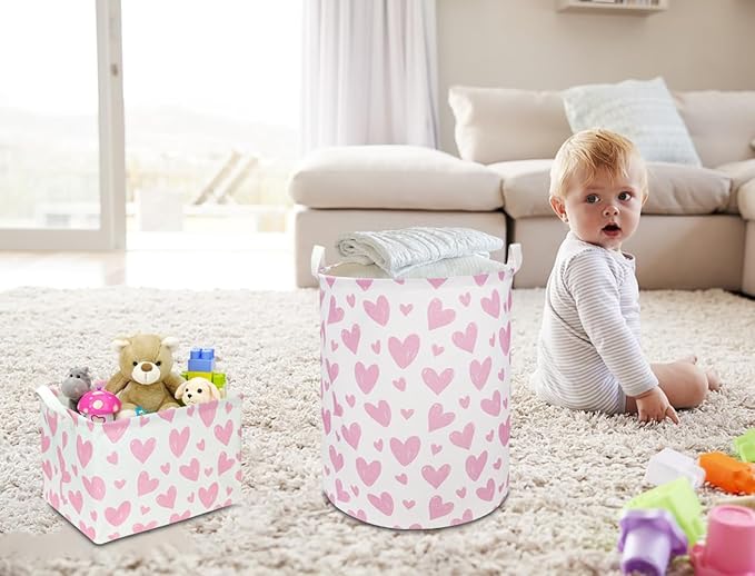 NTAOHAMPER Pink Heart Laundry Hamper, Laundry Basket, Girls Nursery Hamper,Waterproof Storage Bin for Bedroom,Clothes Organizer Basket, Room Decor(Pink Heart)