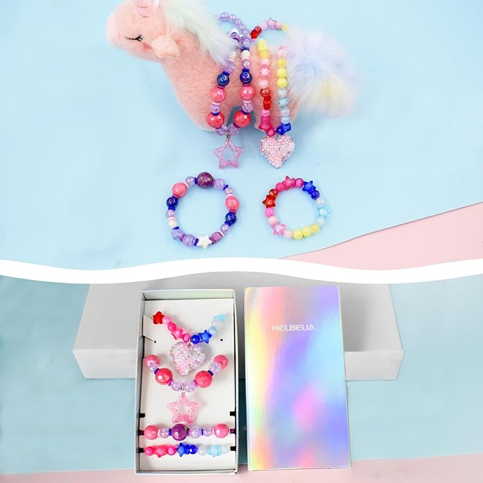 Kids Jewelry for Girls, Toddler Jewelry, 2 Sets Girls Jewelry Beaded Necklace and Beads Bracelet for Little Girls Kids Toddler, Little Girls Jewelry Set, Favors Bags for Girls