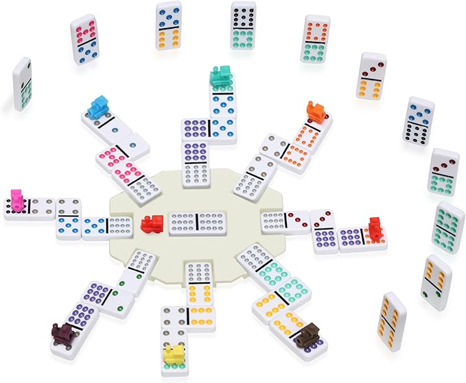 Mexican Train Dominoes Set with 8 Wooden Trays/Racks, Double 12 Dominos Travel Set with 8 Domino Tiles Holders, 91 Tiles Double 12 Colored Dominoes Game Set with Portable Case for Families Kids