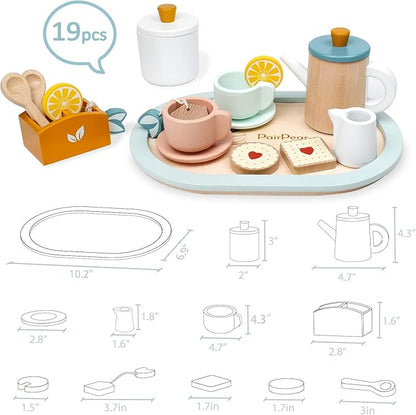PairPear Wooden Tea Set for Little Girls, Wooden Toys Toddler Tea Set Play Kitchen Accessories for Kids Tea Party with Play Food