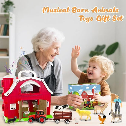 Red Barn Toys for Toddlers 1-3, Farm Animal Figures Playset with Tractor for 2 3 4 5 Year Old Kids, Musical Preschool Montessori STEM Learning Toys, Easter Christmas Birthday Gifts for Boys Girls