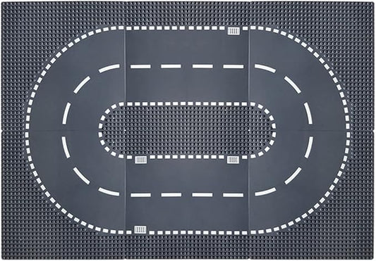 Classic City Street Baseplates 10” x 10” Building Brick Block Highway Race Track Base Plate Toy Kit, Compatible with Lego, 2 Straight + 4 Curved Road Baseplates
