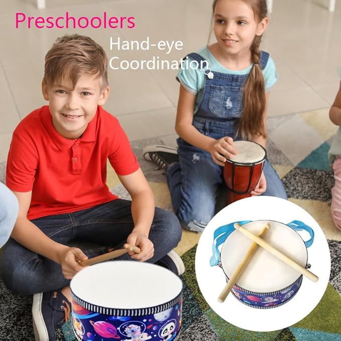 Kid Drum Set,8 Inch Wooden Drum Toys,Sensory Educational Musical Instrument Toy with Adjustable Strap,2 Drumsticks for Toddler,Baby Girls Boys, Astronauts Animals Dinosaurs