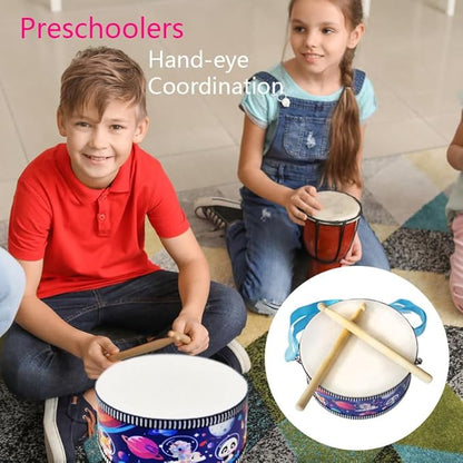 Kid Drum Set,8 Inch Wooden Drum Toys,Sensory Educational Musical Instrument Toy with Adjustable Strap,2 Drumsticks for Toddler,Baby Girls Boys, Astronauts Animals Dinosaurs