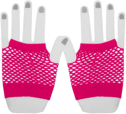 80s Women Costume Accessories Set Acrylic Neon Bead Necklace Bracelet Colorful Fingerless Short Fishnet Gloves for 80's Party