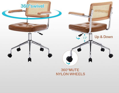 Zesthouse Modern Home Office Chair Leather Desk Chair with Natural Rattan Back, Vanity Chair for Girls Women, Upholstered Tufted Swivel Armchair, Height Adjustable Computer Task Chair