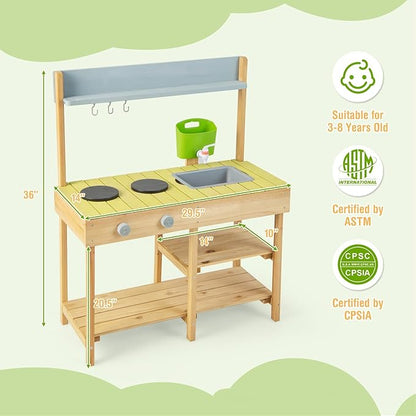 HONEY JOY Mud Kitchen, Fir Wooden Play Kitchen for Toddlers, Mud Table, Running Water, Removable Sink, Outdoor Kids Kitchen Playset, Mud Kitchen for Kids Outdoor, Gift for Boys Girls