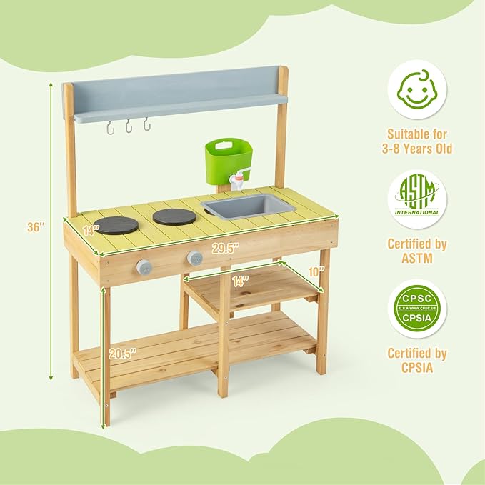HONEY JOY Mud Kitchen, Fir Wooden Play Kitchen for Toddlers, Mud Table, Running Water, Removable Sink, Outdoor Kids Kitchen Playset, Mud Kitchen for Kids Outdoor, Gift for Boys Girls