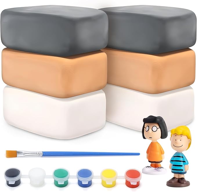 Skirfy Pottery Clay Air Dry Clay Kit,2.6lb of Clay Paint with 6 Paint Pots&Paint Brush,Ceramic Clay Pottery Clay for Wheel,Clay Making Kit for Kids Art Craft for Kids 6+,White,Gray,Nature Color