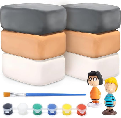 Skirfy Pottery Clay Air Dry Clay Kit,2.6lb of Clay Paint with 6 Paint Pots&Paint Brush,Ceramic Clay Pottery Clay for Wheel,Clay Making Kit for Kids Art Craft for Kids 6+,White,Gray,Nature Color